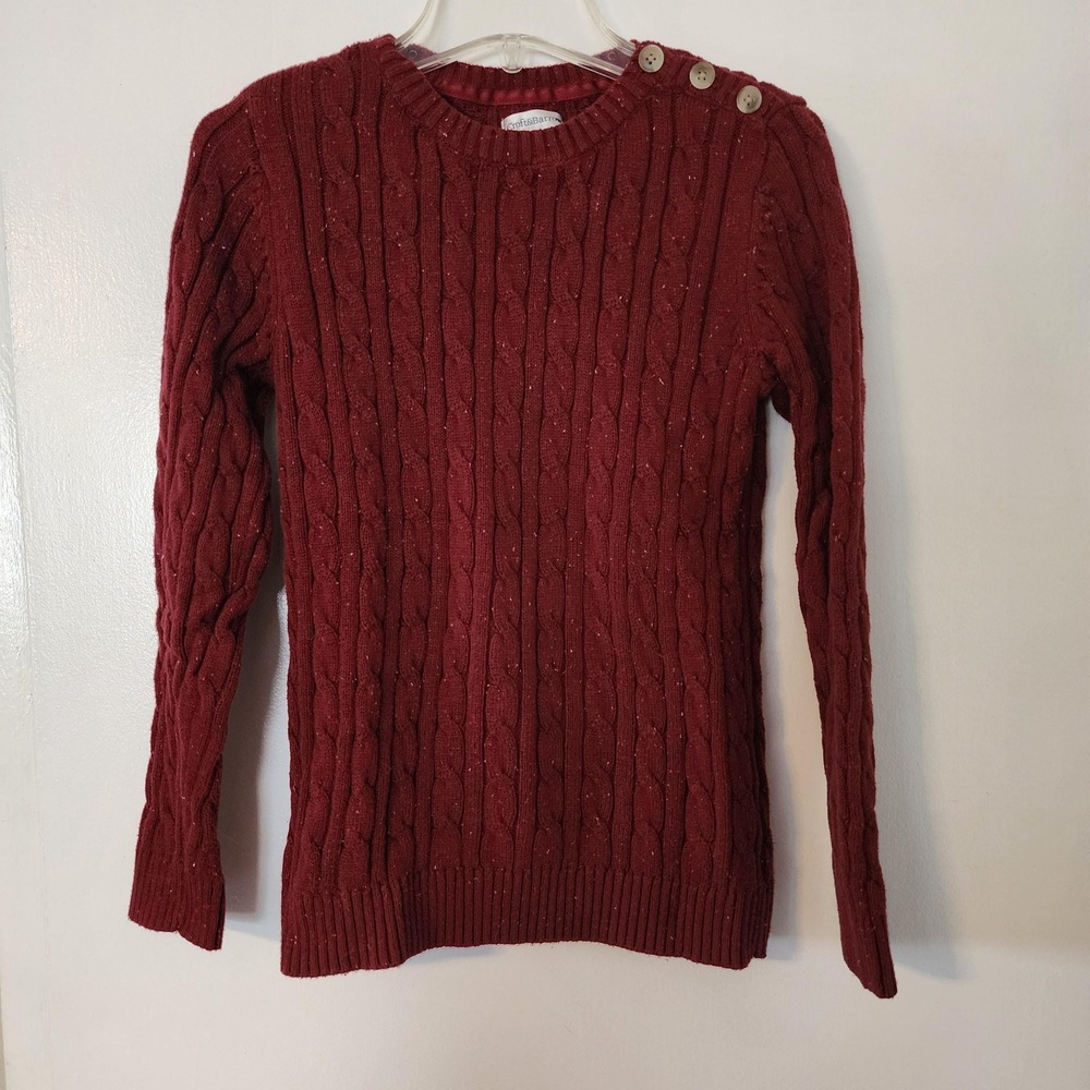 Croft & Barrow Deep Red Cable Knit Cotton Sweater Petite Small PS Button Detail